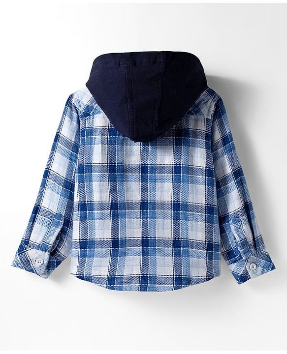 Babyhug Cotton Woven Full Sleeve Hooded Shirt with Kangaroo Pocket & Tartan Checks - Blue