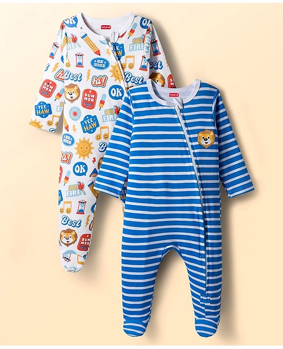 Babyhug Cotton Knit Full Sleeves Striped Sleepsuit With Animal Print Pack Of 2 - Multicolor