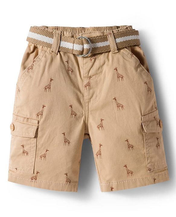 Babyhug Twill Woven Above Knee Length Bermuda With Belt & Animal Print - Beige
