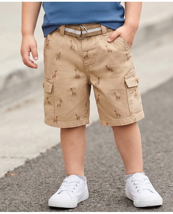 Babyhug Twill Woven Above Knee Length Bermuda With Belt & Animal Print - Beige
