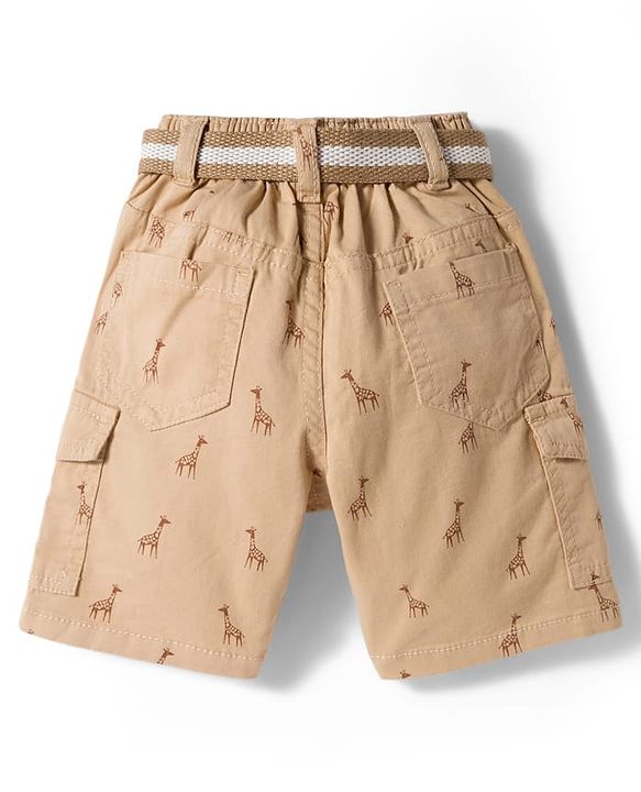 Babyhug Twill Woven Above Knee Length Bermuda With Belt & Animal Print - Beige
