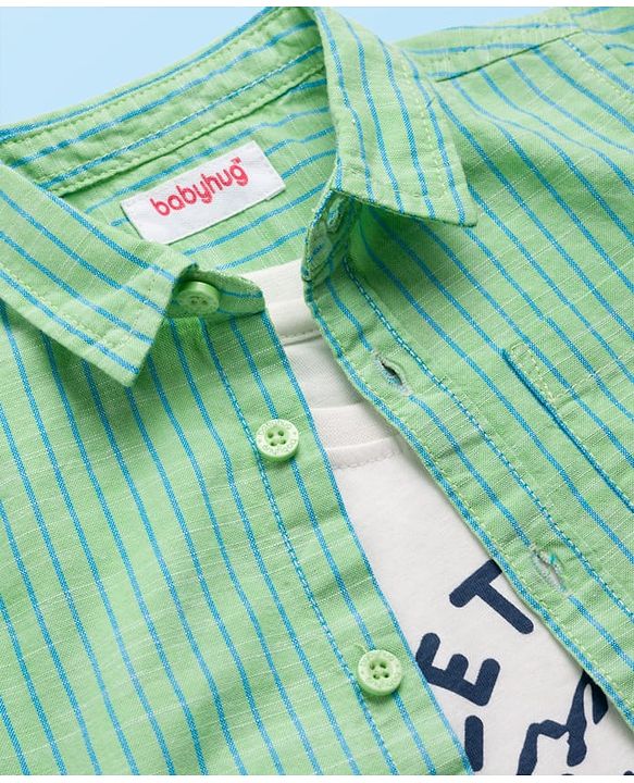 Babyhug Cotton Woven Full Sleeve Stripe Shirt With T-Shirt - Green