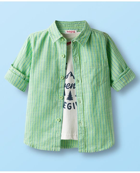 Babyhug Cotton Woven Full Sleeve Stripe Shirt With T-Shirt - Green