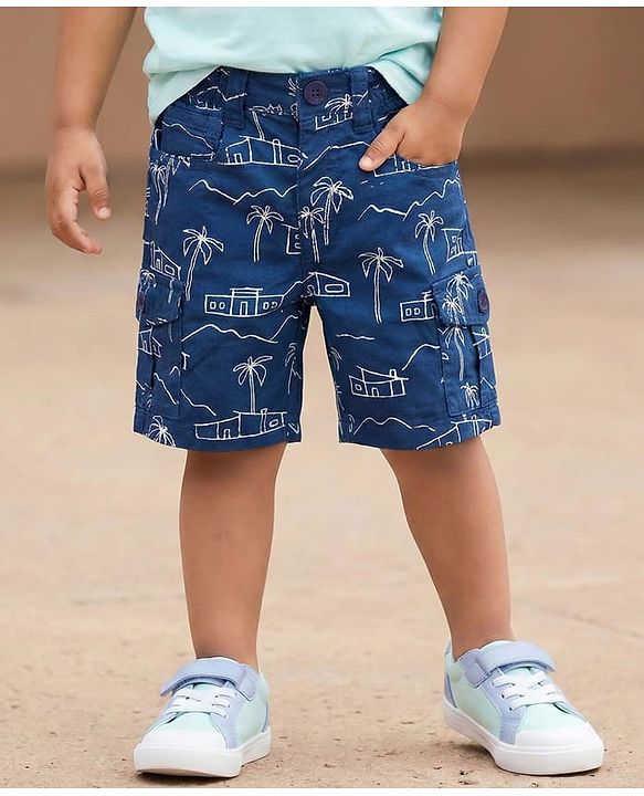 Babyhug Twill Woven Above Knee Length Bermuda With Stretch & Tree Print - Navy Blue