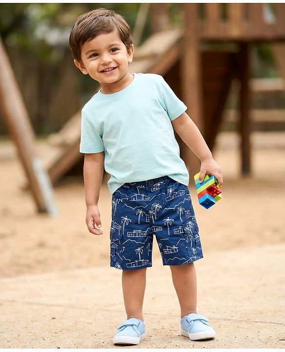 Babyhug Twill Woven Above Knee Length Bermuda With Stretch & Tree Print - Navy Blue
