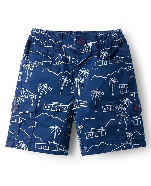 Babyhug Twill Woven Above Knee Length Bermuda With Stretch & Tree Print - Navy Blue