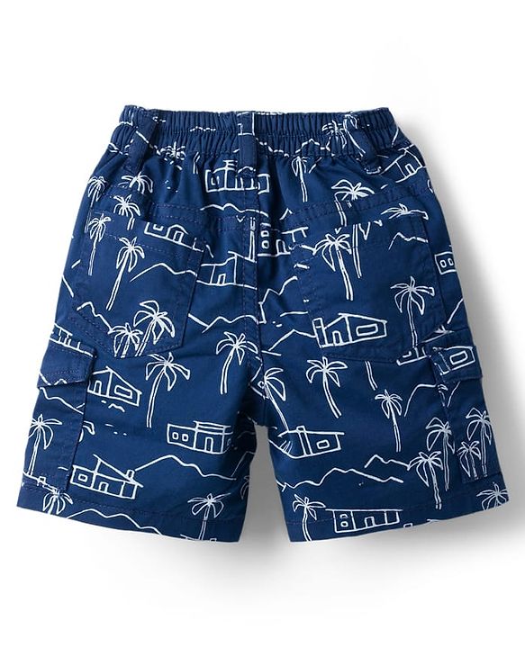 Babyhug Twill Woven Above Knee Length Bermuda With Stretch & Tree Print - Navy Blue