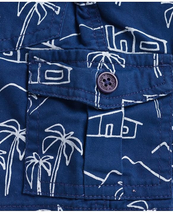 Babyhug Twill Woven Above Knee Length Bermuda With Stretch & Tree Print - Navy Blue