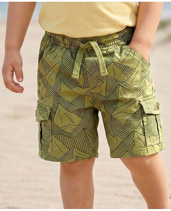 Babyhug Twill Woven Above Knee Length Bermuda With Mountain Print - Olive Green