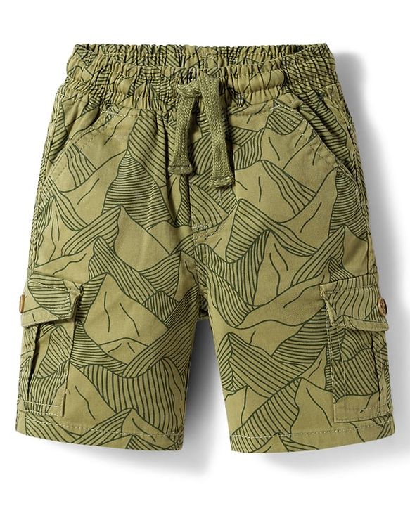 Babyhug Twill Woven Above Knee Length Bermuda With Mountain Print - Olive Green