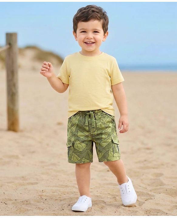 Babyhug Twill Woven Above Knee Length Bermuda With Mountain Print - Olive Green