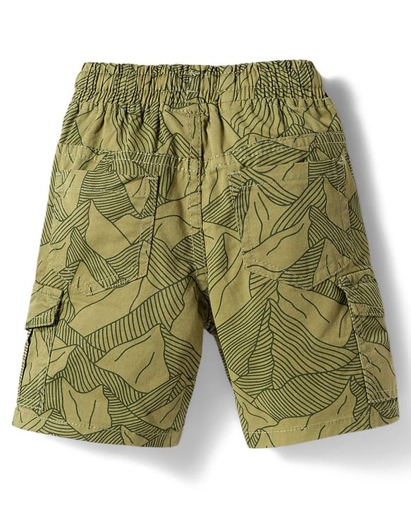 Babyhug Twill Woven Above Knee Length Bermuda With Mountain Print - Olive Green