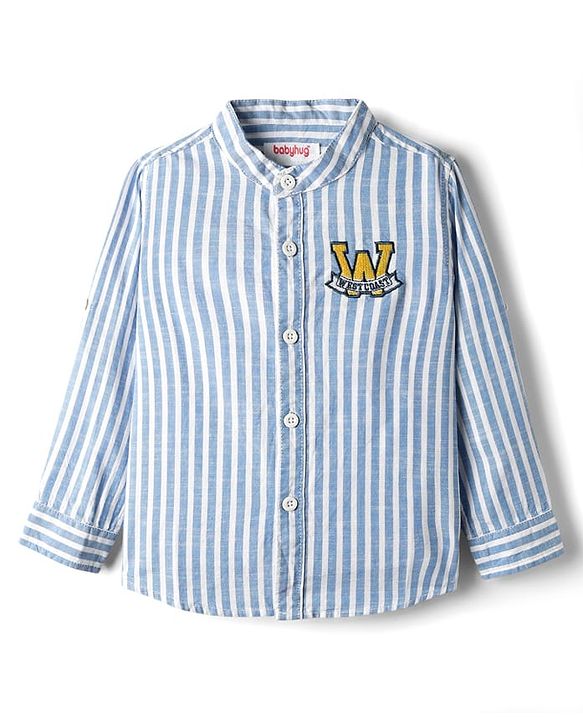Babyhug Cotton Woven Full Sleeve Mandarin Collar Stripe Shirt - Blue