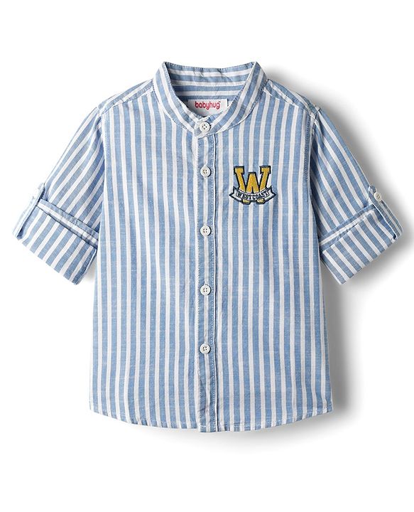 Babyhug Cotton Woven Full Sleeve Mandarin Collar Stripe Shirt - Blue