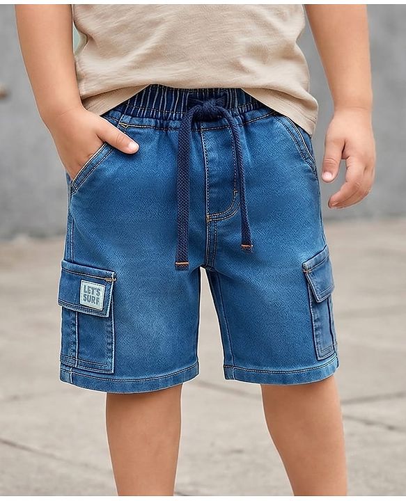 Babyhug Denim Above Knee Length With Stretch Washed Bermuda With Pockets & Lets Surf Text Patch - Blue