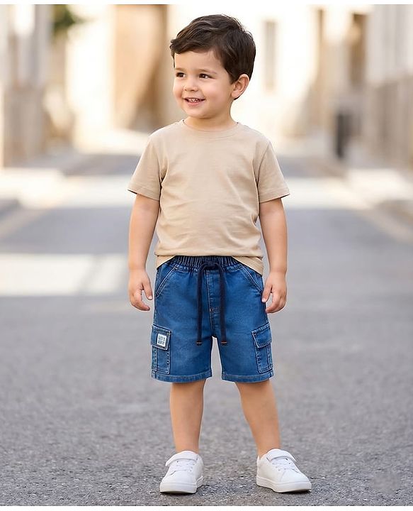 Babyhug Denim Above Knee Length With Stretch Washed Bermuda With Pockets & Lets Surf Text Patch - Blue