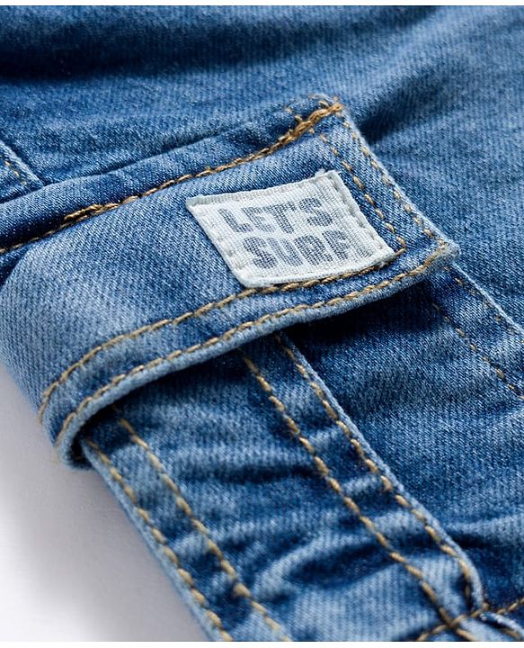 Babyhug Denim Above Knee Length With Stretch Washed Bermuda With Pockets & Lets Surf Text Patch - Blue
