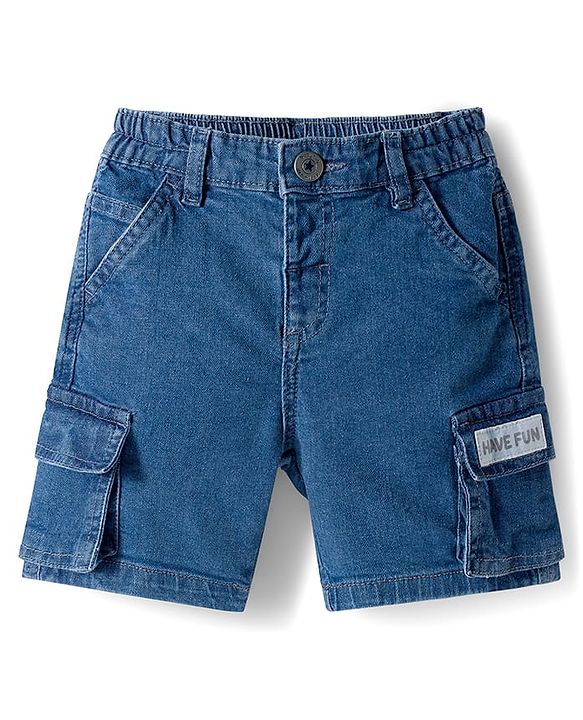 Babyhug Above Knee Length Washed Denim Bermuda With Stretch & Cargo Pockets - Blue