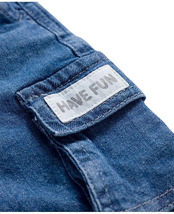 Babyhug Above Knee Length Washed Denim Bermuda With Stretch & Cargo Pockets - Blue