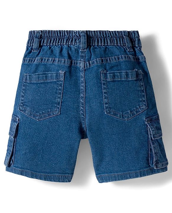 Babyhug Above Knee Length Washed Denim Bermuda With Stretch & Cargo Pockets - Blue