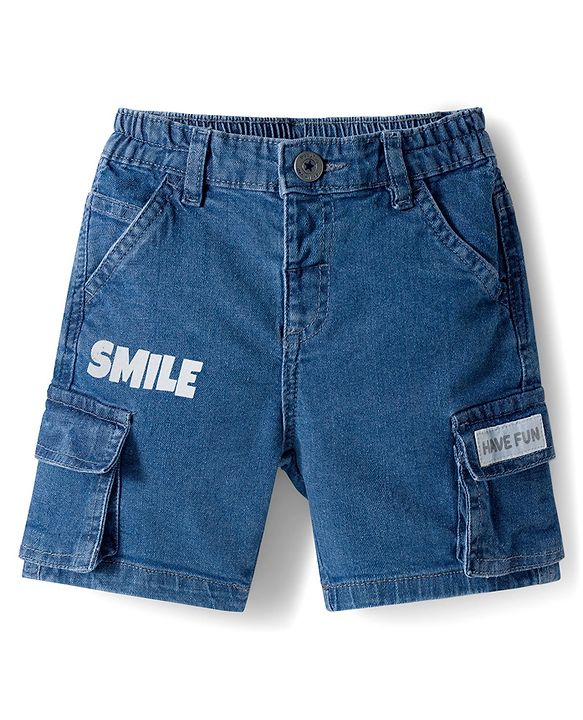 Babyhug Above Knee Length Washed Denim Bermuda With Stretch & Cargo Pockets - Blue