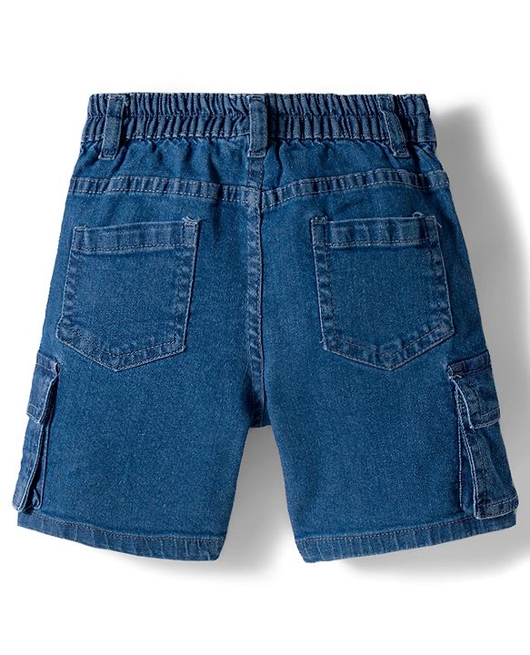 Babyhug Above Knee Length Washed Denim Bermuda With Stretch & Cargo Pockets - Blue