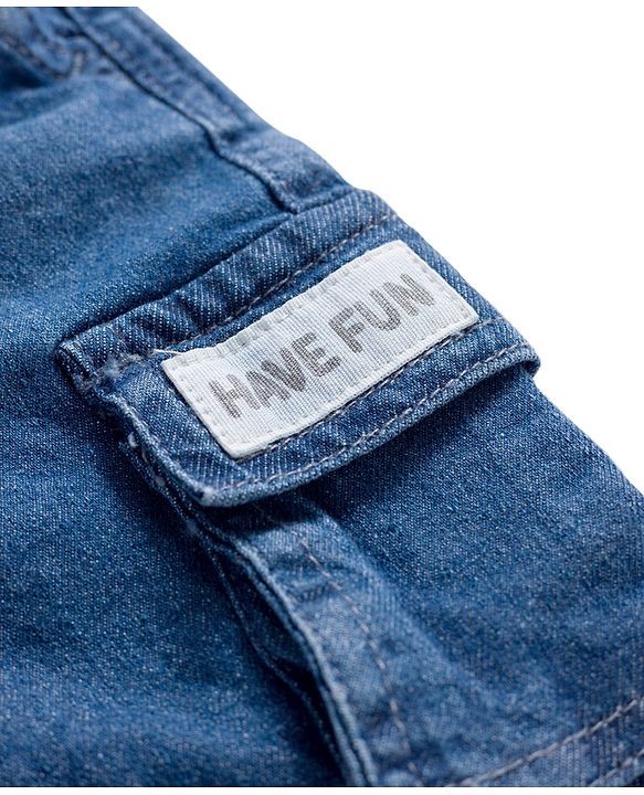 Babyhug Above Knee Length Washed Denim Bermuda With Stretch & Cargo Pockets - Blue