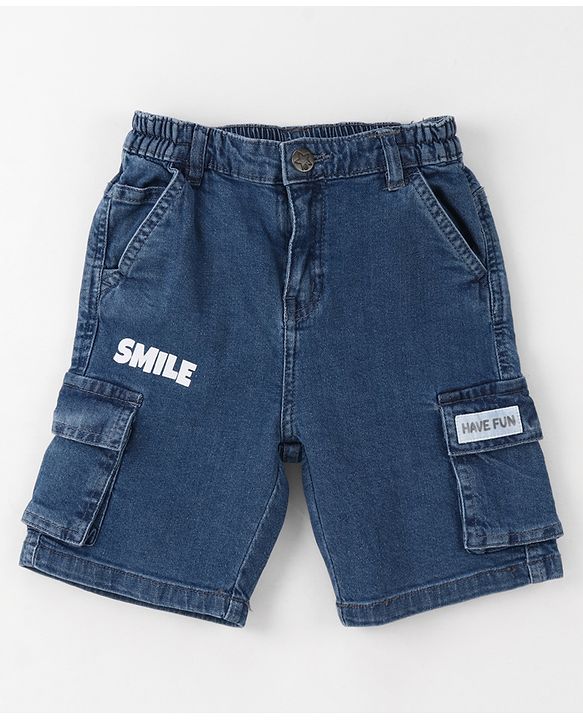 Babyhug Above Knee Length Washed Denim Bermuda With Stretch & Cargo Pockets - Blue