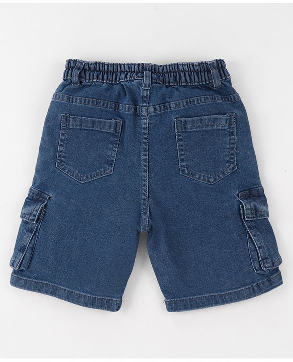 Babyhug Above Knee Length Washed Denim Bermuda With Stretch & Cargo Pockets - Blue
