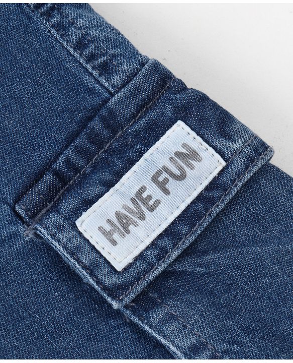 Babyhug Above Knee Length Washed Denim Bermuda With Stretch & Cargo Pockets - Blue