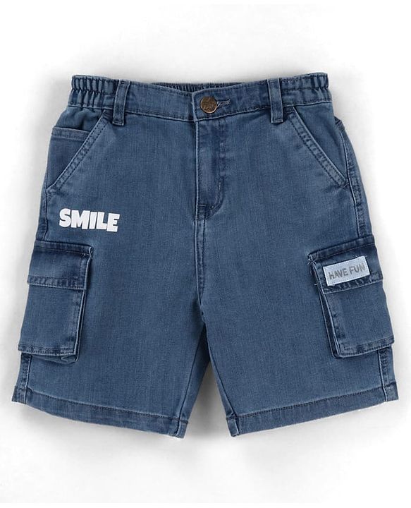 Babyhug Above Knee Length Washed Denim Bermuda With Stretch & Cargo Pockets - Blue