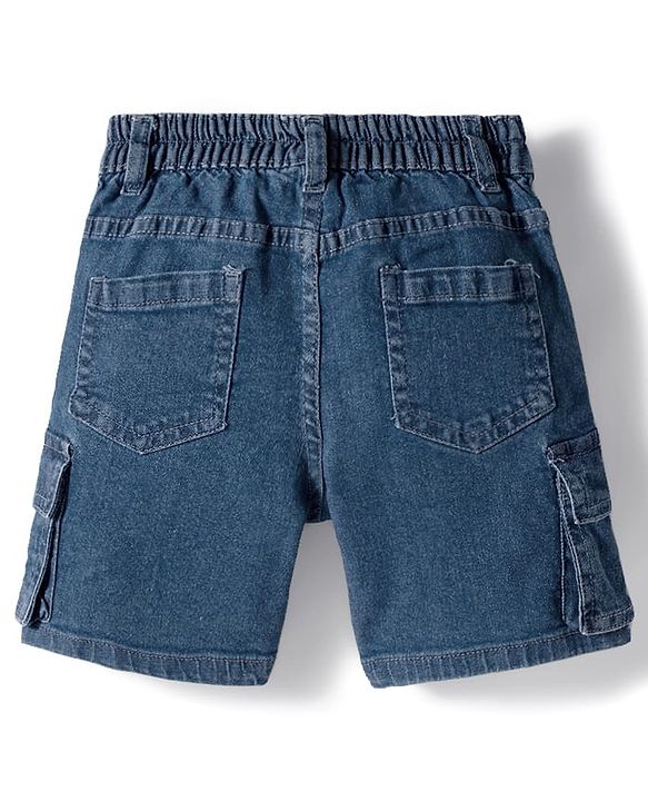 Babyhug Above Knee Length Washed Denim Bermuda With Stretch & Cargo Pockets - Blue