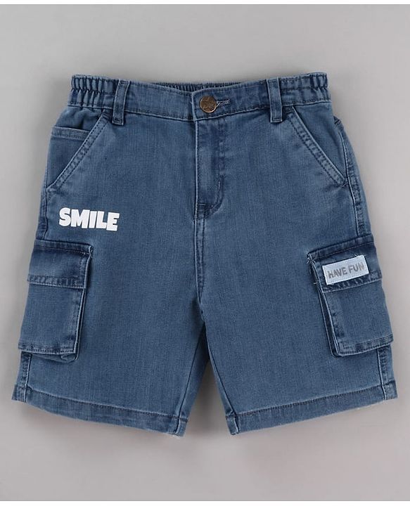 Babyhug Above Knee Length Washed Denim Bermuda With Stretch & Cargo Pockets - Blue