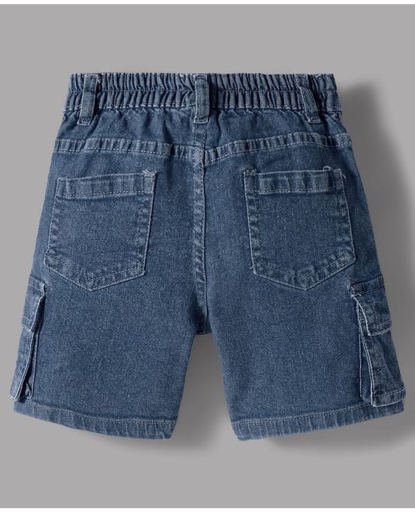 Babyhug Above Knee Length Washed Denim Bermuda With Stretch & Cargo Pockets - Blue