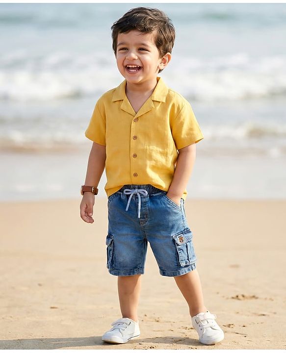 Babyhug Denim Knee Length With Stretch Washed Jamaican With Pockets & Dino Patch - Blue