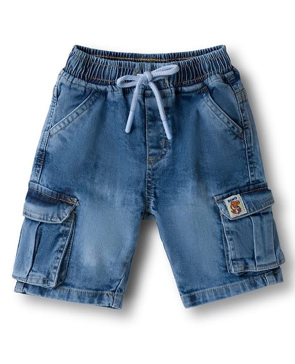 Babyhug Denim Knee Length With Stretch Washed Jamaican With Pockets & Dino Patch - Blue