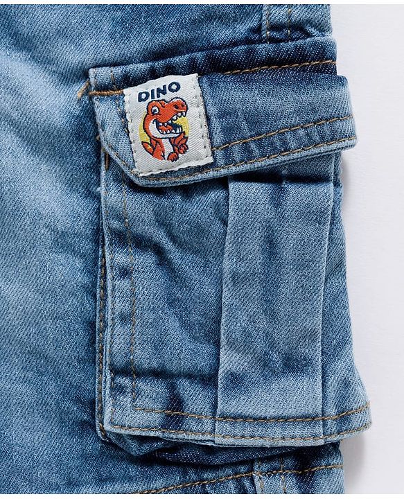 Babyhug Denim Knee Length With Stretch Washed Jamaican With Pockets & Dino Patch - Blue