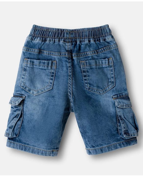 Babyhug Denim Knee Length With Stretch Washed Jamaican With Pockets & Dino Patch - Blue