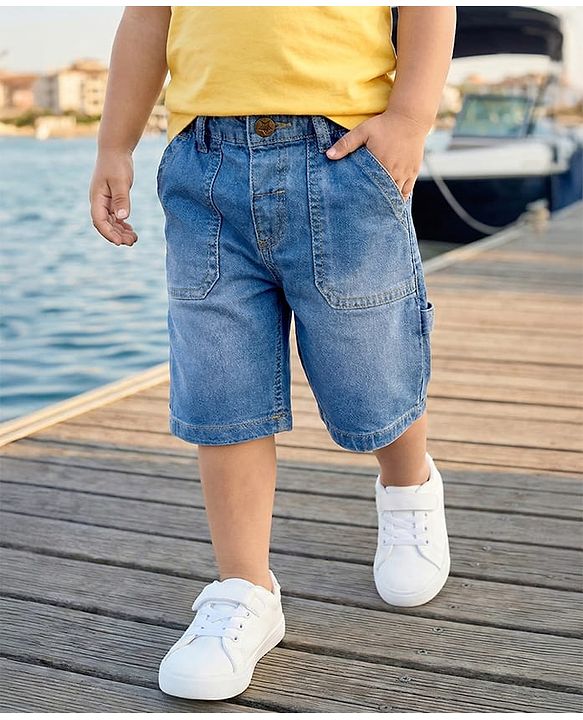 Babyhug Denim Knee Length Washed Jamaican With Stretch - Blue