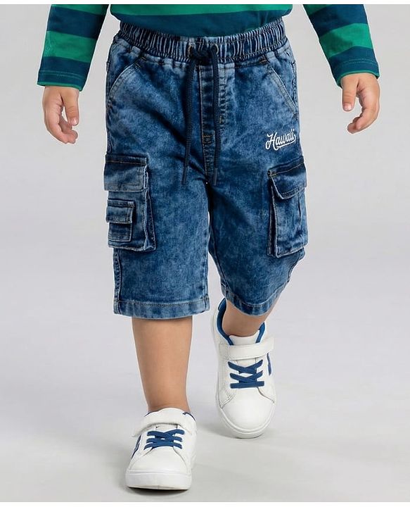 Babyhug Denim Knee Length Washed Jamaican With Stretch - Blue