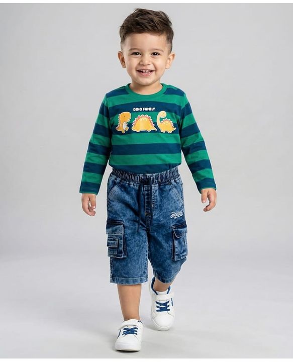 Babyhug Denim Knee Length Washed Jamaican With Stretch - Blue