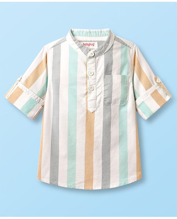 Babyhug Cotton Woven Full Sleeves Mandarin Collar Kurta Style Shirt With Stripe - Multicolour