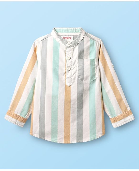 Babyhug Cotton Woven Full Sleeves Mandarin Collar Kurta Style Shirt With Stripe - Multicolour