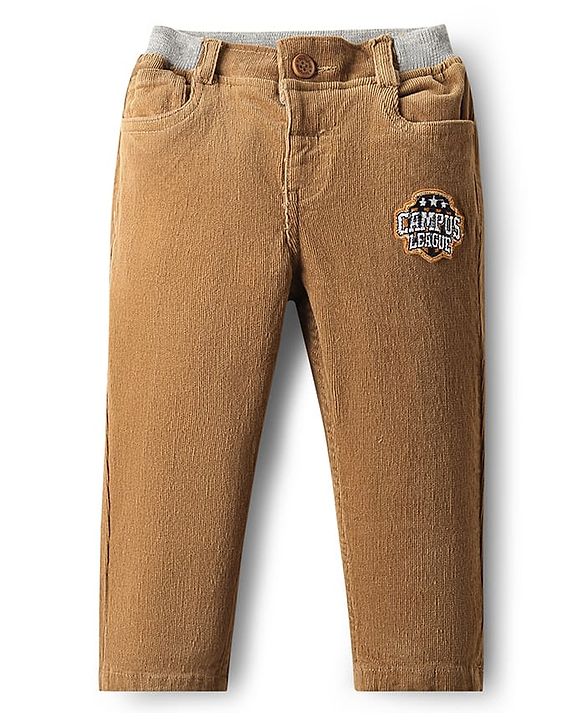 Babyhug Cotton Lycra Corduroy Woven Full Length Solid Coloured Pant With Stretch & Patch - Light Brown