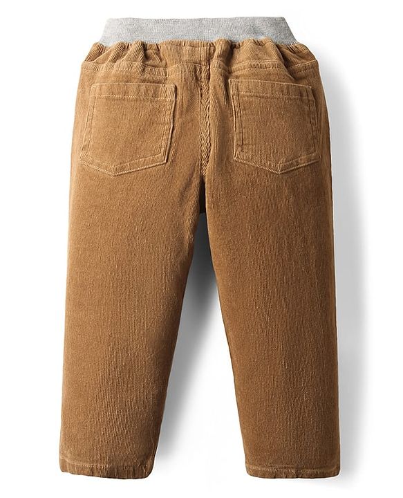 Babyhug Cotton Lycra Corduroy Woven Full Length Solid Coloured Pant With Stretch & Patch - Light Brown