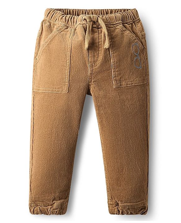 Babyhug Cotton Lycra Corduroy Woven Full Length Solid Coloured Pant With Stretch - Light Brown