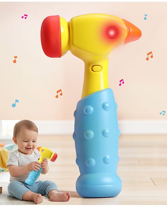 Babyhug Musical Hammer Toy with Light & Music - Yellow | Soft Rubber Head Baby Hammer Toy | Improves Motor Skills| Easy Grip Handle | Safe for Toddlers | Non-Toxic | BIS Certified
