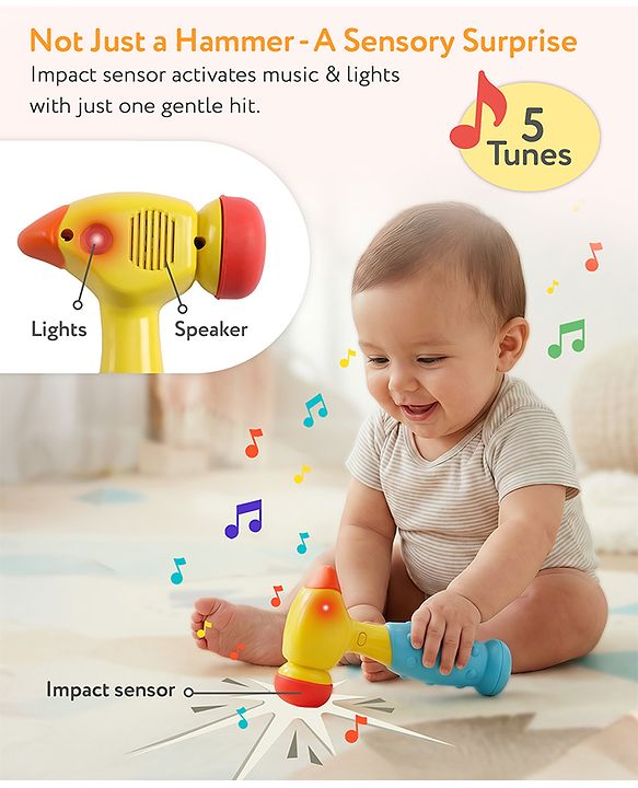 Babyhug Musical Hammer Toy with Light & Music - Yellow | Soft Rubber Head Baby Hammer Toy | Improves Motor Skills| Easy Grip Handle | Safe for Toddlers | Non-Toxic | BIS Certified