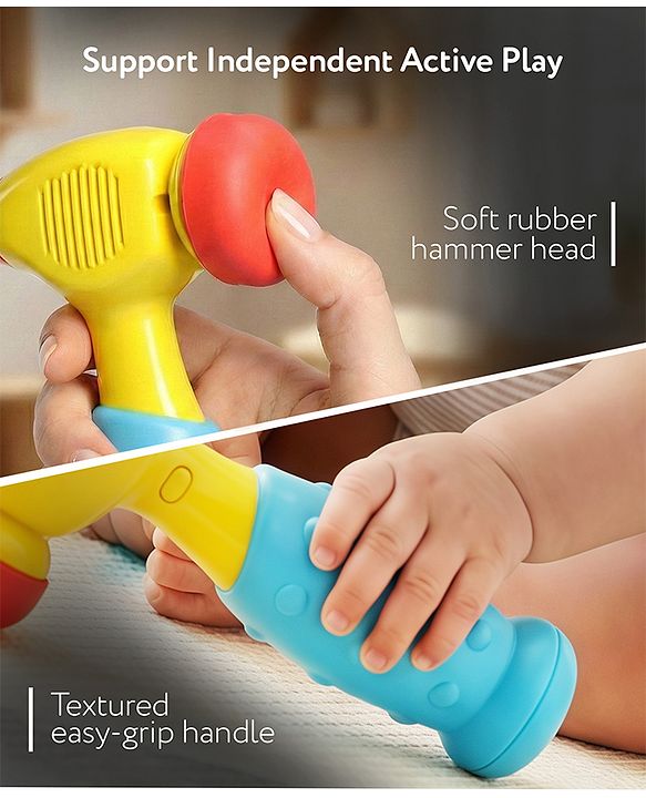 Babyhug Musical Hammer Toy with Light & Music - Yellow | Soft Rubber Head Baby Hammer Toy | Improves Motor Skills| Easy Grip Handle | Safe for Toddlers | Non-Toxic | BIS Certified