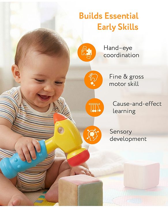 Babyhug Musical Hammer Toy with Light & Music - Yellow | Soft Rubber Head Baby Hammer Toy | Improves Motor Skills| Easy Grip Handle | Safe for Toddlers | Non-Toxic | BIS Certified